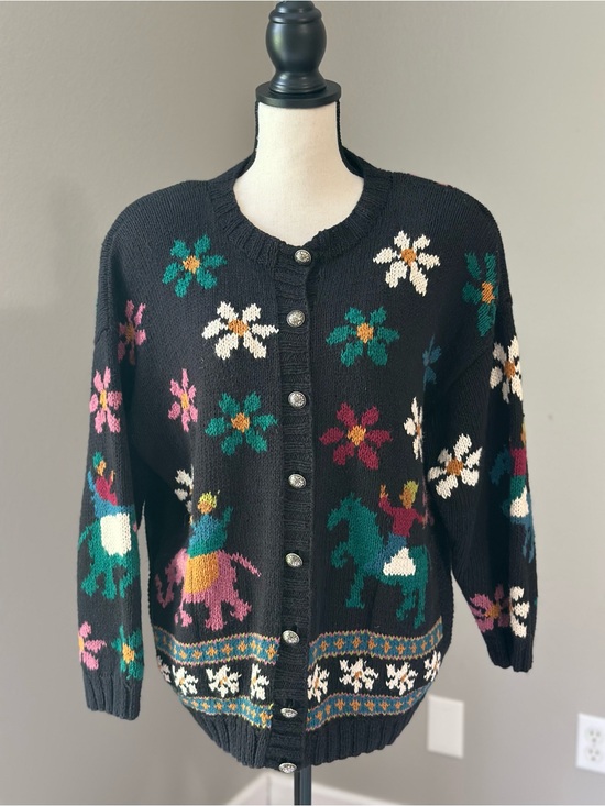 Express Sweaters - Vintage 80s 90s black Embroidered Cardigan Forenza Rare Elephant Horse Floral